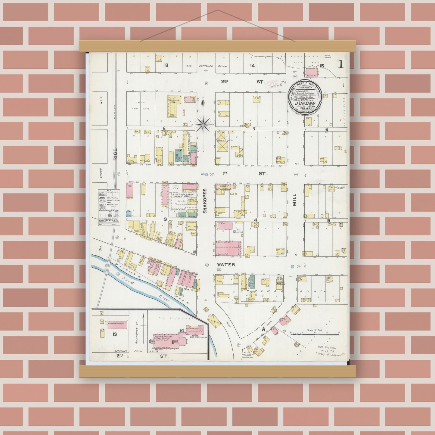 Old map wall art mockup — magnetic wood frame on brick wall — Sanborn Fire Insurance Map from Jordan, Scott County, Minnesota (1892) - Complete Map Set