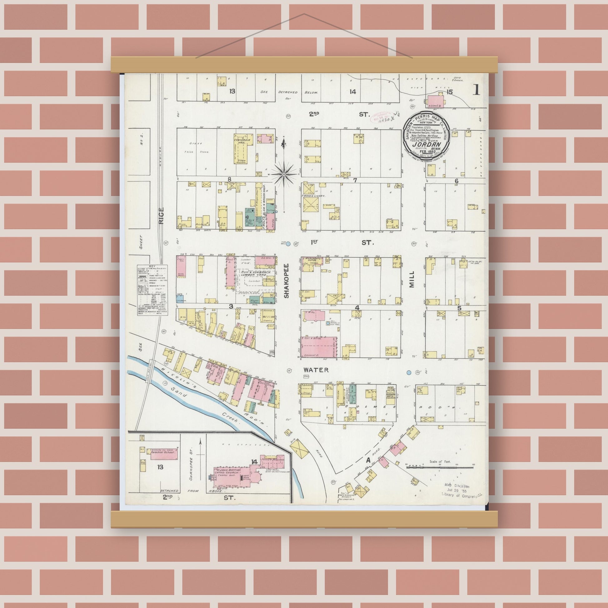 Old map wall art mockup — magnetic wood frame on brick wall — Sanborn Fire Insurance Map from Jordan, Scott County, Minnesota (1892) - Complete Map Set