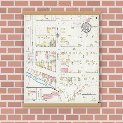 Old map wall art mockup — magnetic wood frame on brick wall — Sanborn Fire Insurance Map from Jordan, Scott County, Minnesota (1892) - Complete Map Set