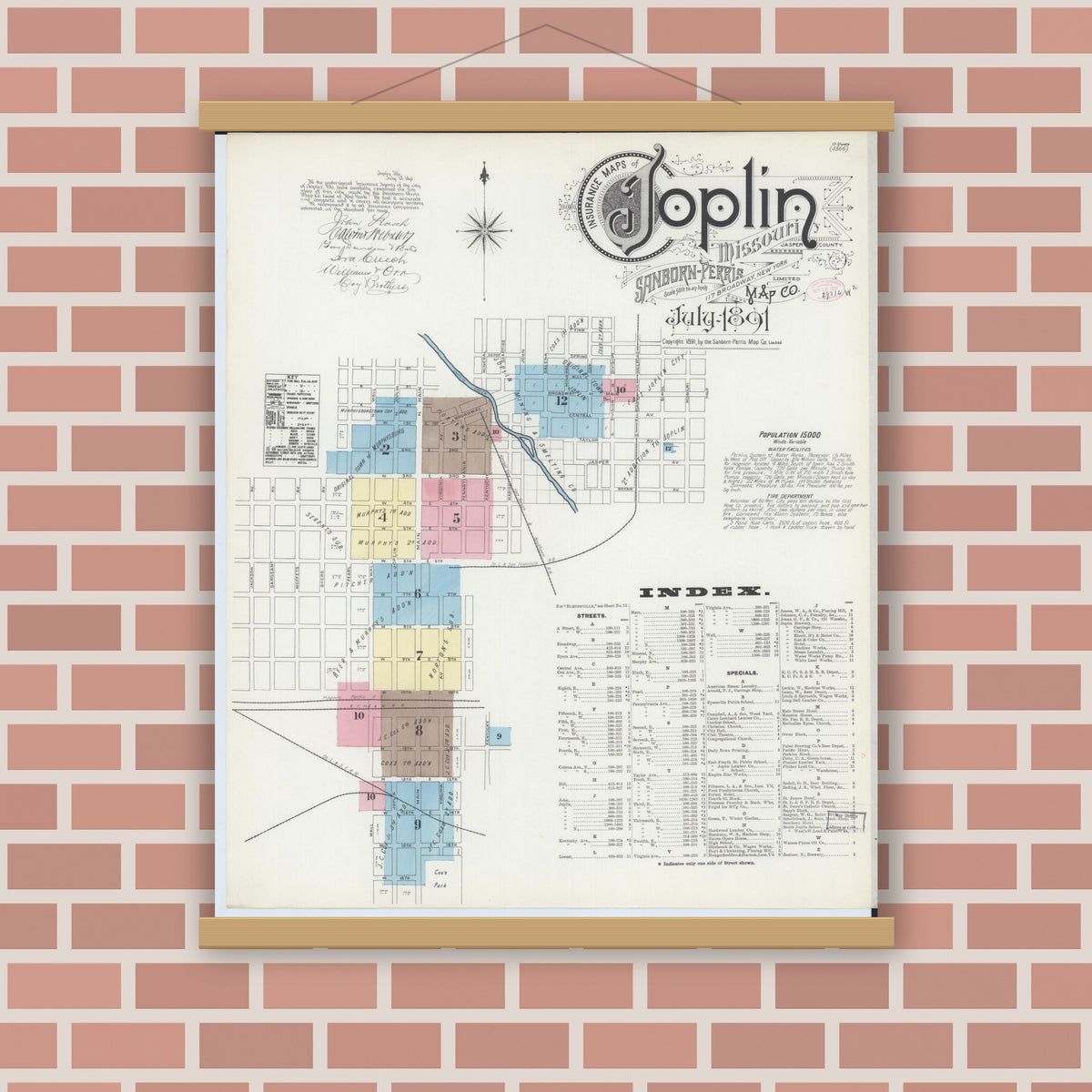 Old map wall art mockup — magnetic wood frame on brick wall — Sanborn Fire Insurance Map from Joplin, Jasper County, Missouri (1891), Sheet #0001
