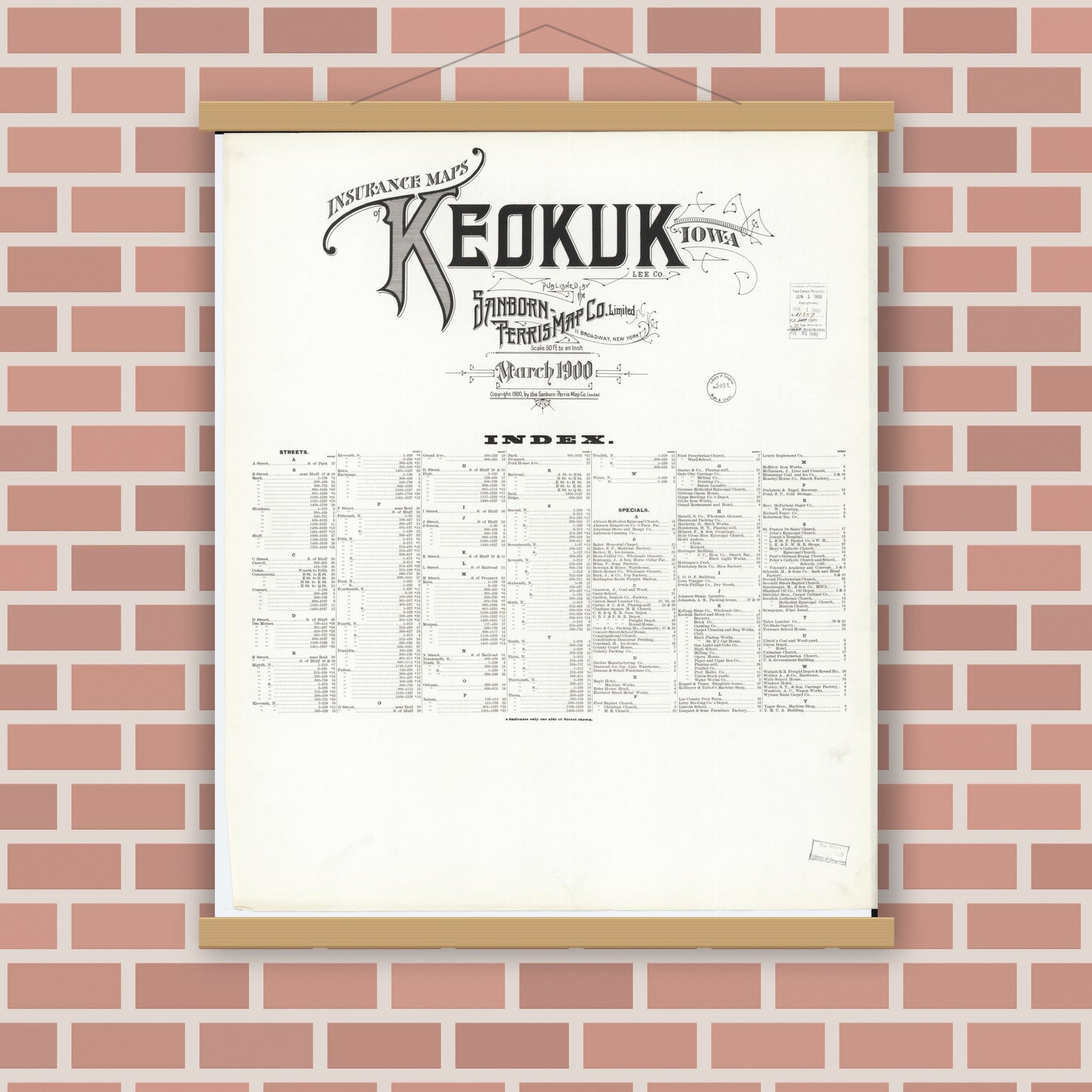 Old map wall art mockup — magnetic wood frame on brick wall — Sanborn Fire Insurance Map from Keokuk, Lee County, Iowa (1900), Sheet #0001