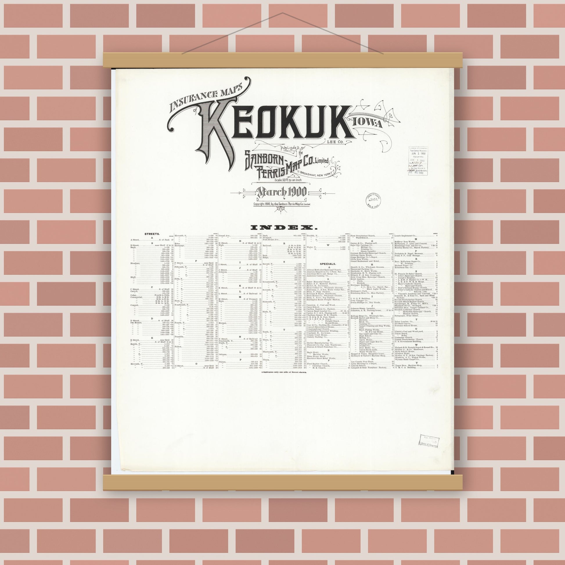 Old map wall art mockup — magnetic wood frame on brick wall — Sanborn Fire Insurance Map from Keokuk, Lee County, Iowa (1900), Sheet #0001