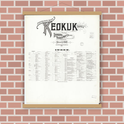 Old map wall art mockup — magnetic wood frame on brick wall — Sanborn Fire Insurance Map from Keokuk, Lee County, Iowa (1900), Sheet #0001