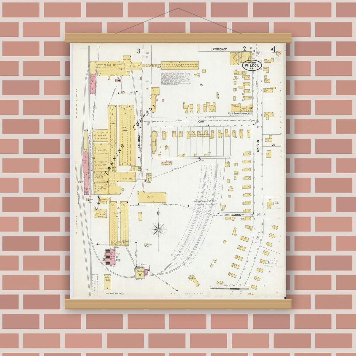 Old map wall art mockup — magnetic wood frame on brick wall — Sanborn Fire Insurance Map from Wilcox, Elk County, Pennsylvania (1900), Sheet #0004