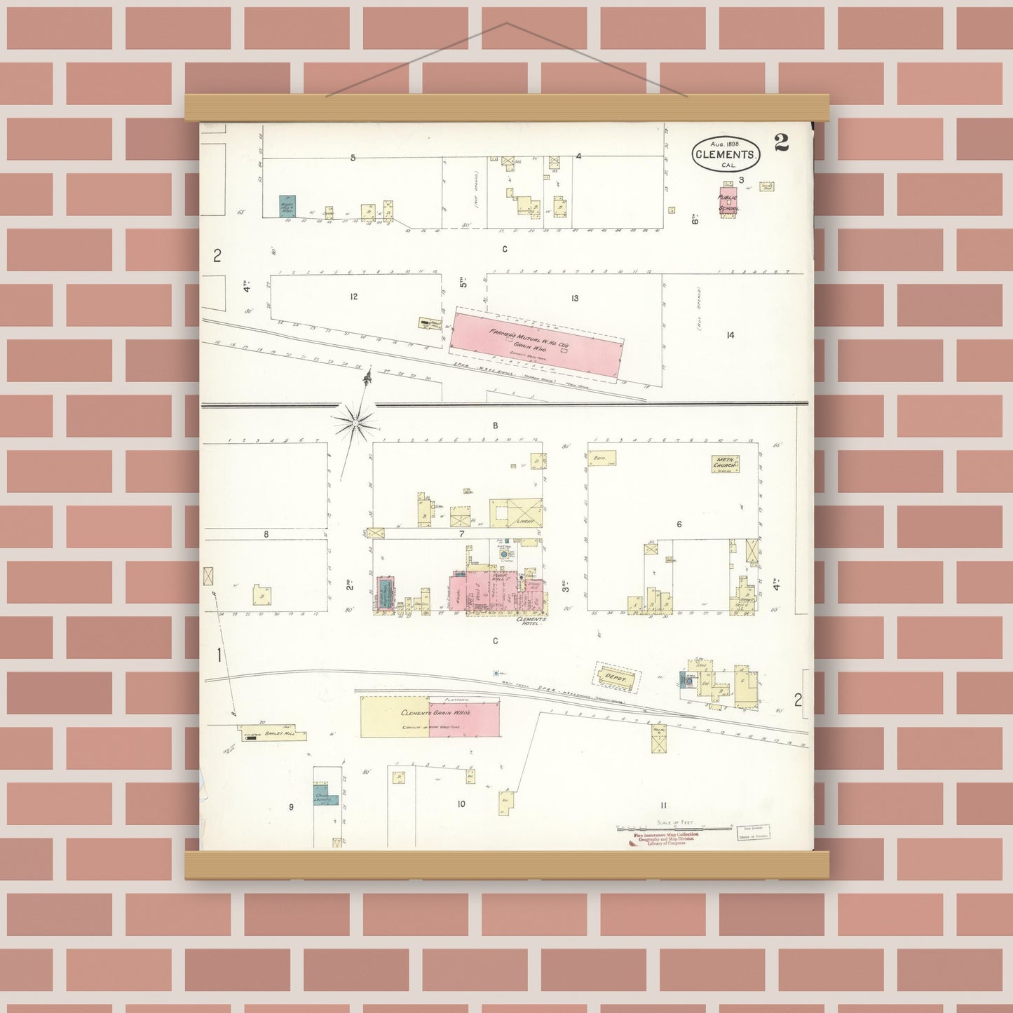 Old map wall art mockup — magnetic wood frame on brick wall — Sanborn Fire Insurance Map from Clements, San Joaquin County, California (1898), Sheet #0002