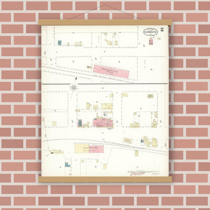 Old map wall art mockup — magnetic wood frame on brick wall — Sanborn Fire Insurance Map from Clements, San Joaquin County, California (1898), Sheet #0002