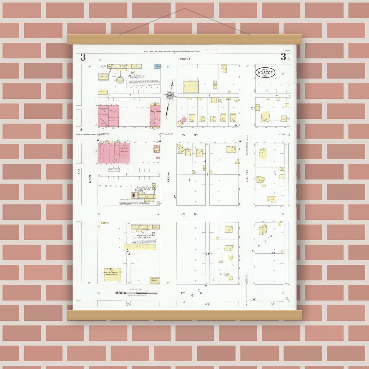Old map wall art mockup — magnetic wood frame on brick wall — Sanborn Fire Insurance Map from Roscoe, Nolan County, Texas (1927), Sheet #0003