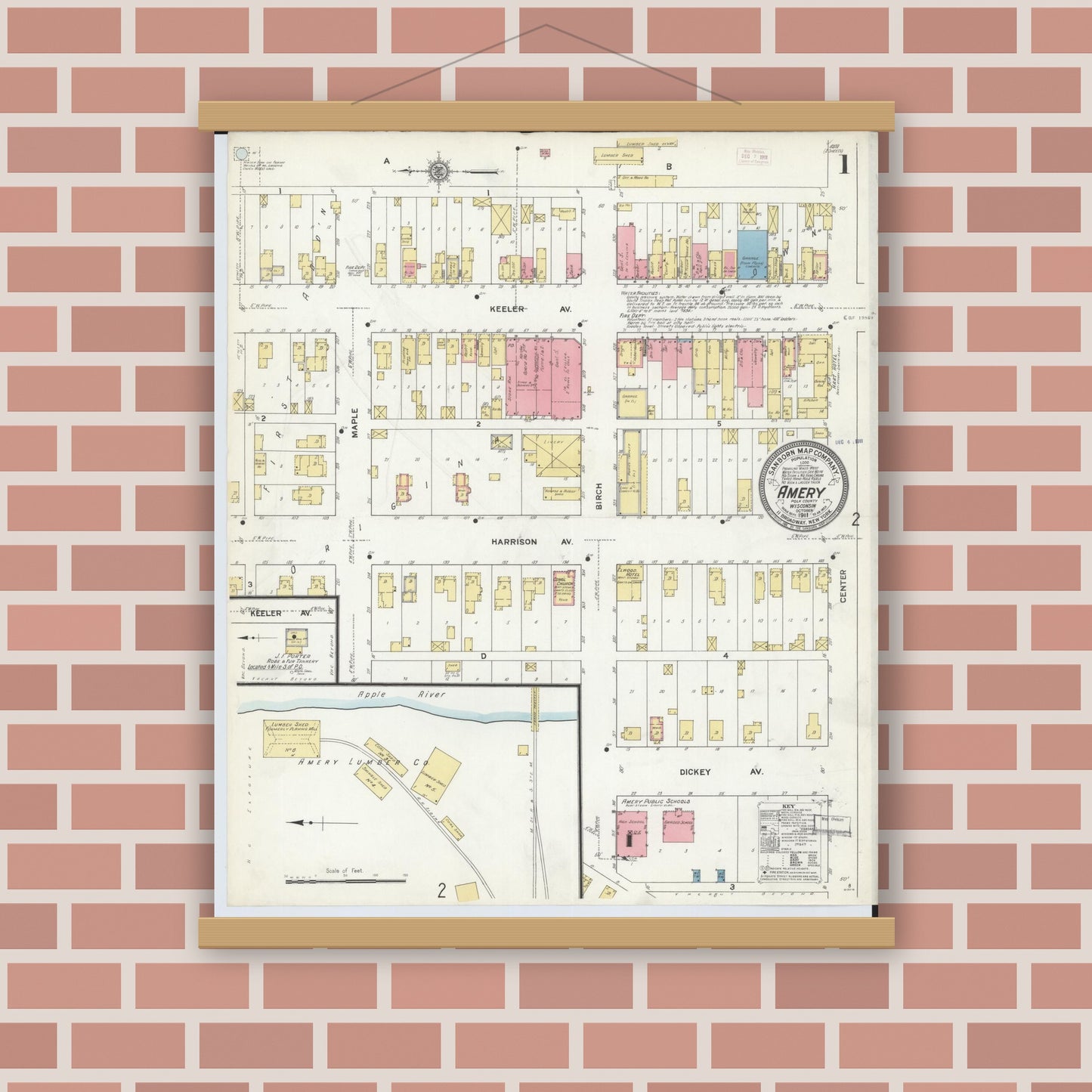 Old map wall art mockup — magnetic wood frame on brick wall — Sanborn Fire Insurance Map from Amery, Polk County, Wisconsin (1911), Sheet #0001