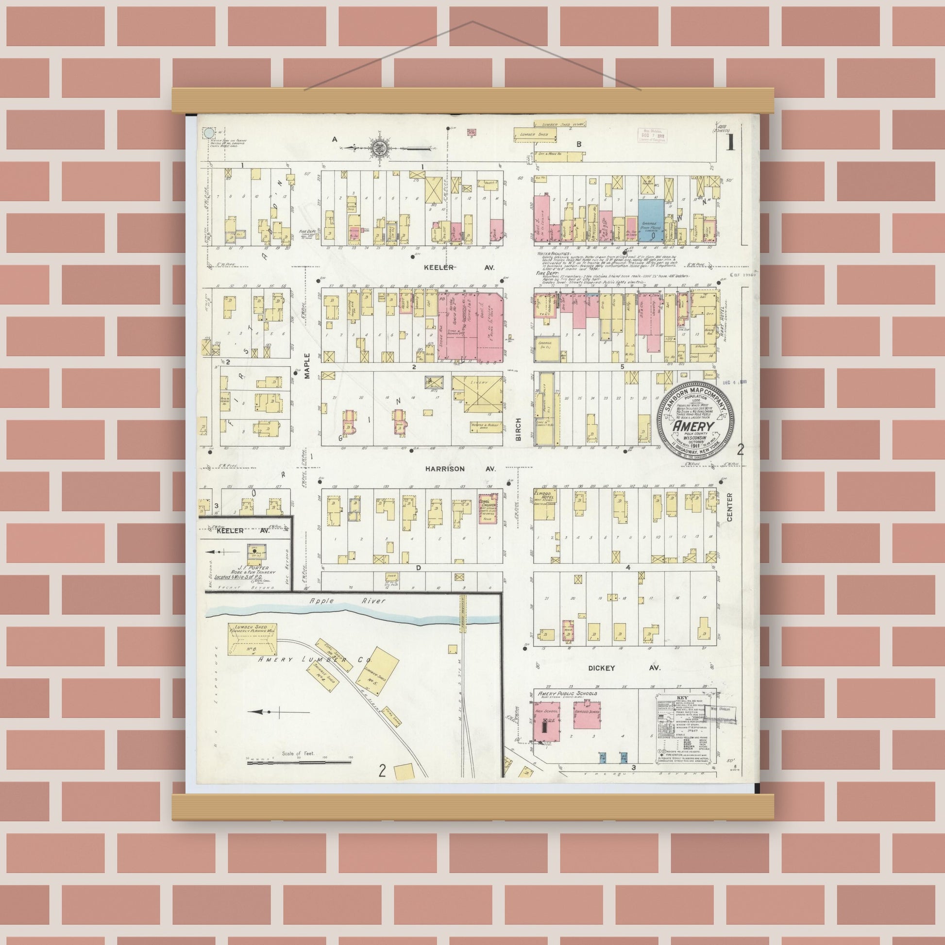 Old map wall art mockup — magnetic wood frame on brick wall — Sanborn Fire Insurance Map from Amery, Polk County, Wisconsin (1911), Sheet #0001