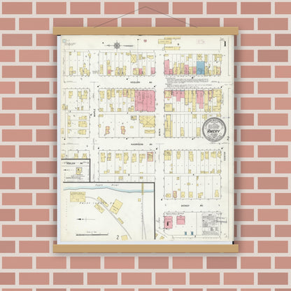 Old map wall art mockup — magnetic wood frame on brick wall — Sanborn Fire Insurance Map from Amery, Polk County, Wisconsin (1911), Sheet #0001