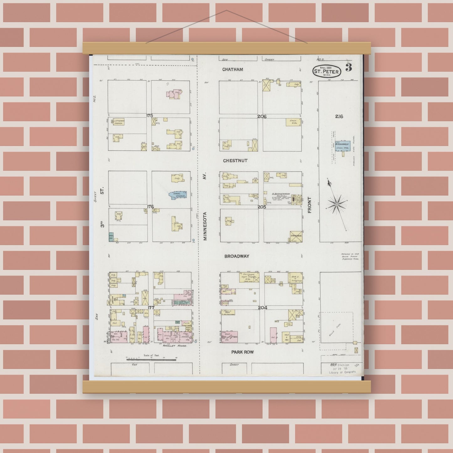 Old map wall art mockup — magnetic wood frame on brick wall — Sanborn Fire Insurance Map from Saint Peter, Nicollet County, Minnesota (1889), Sheet #0003
