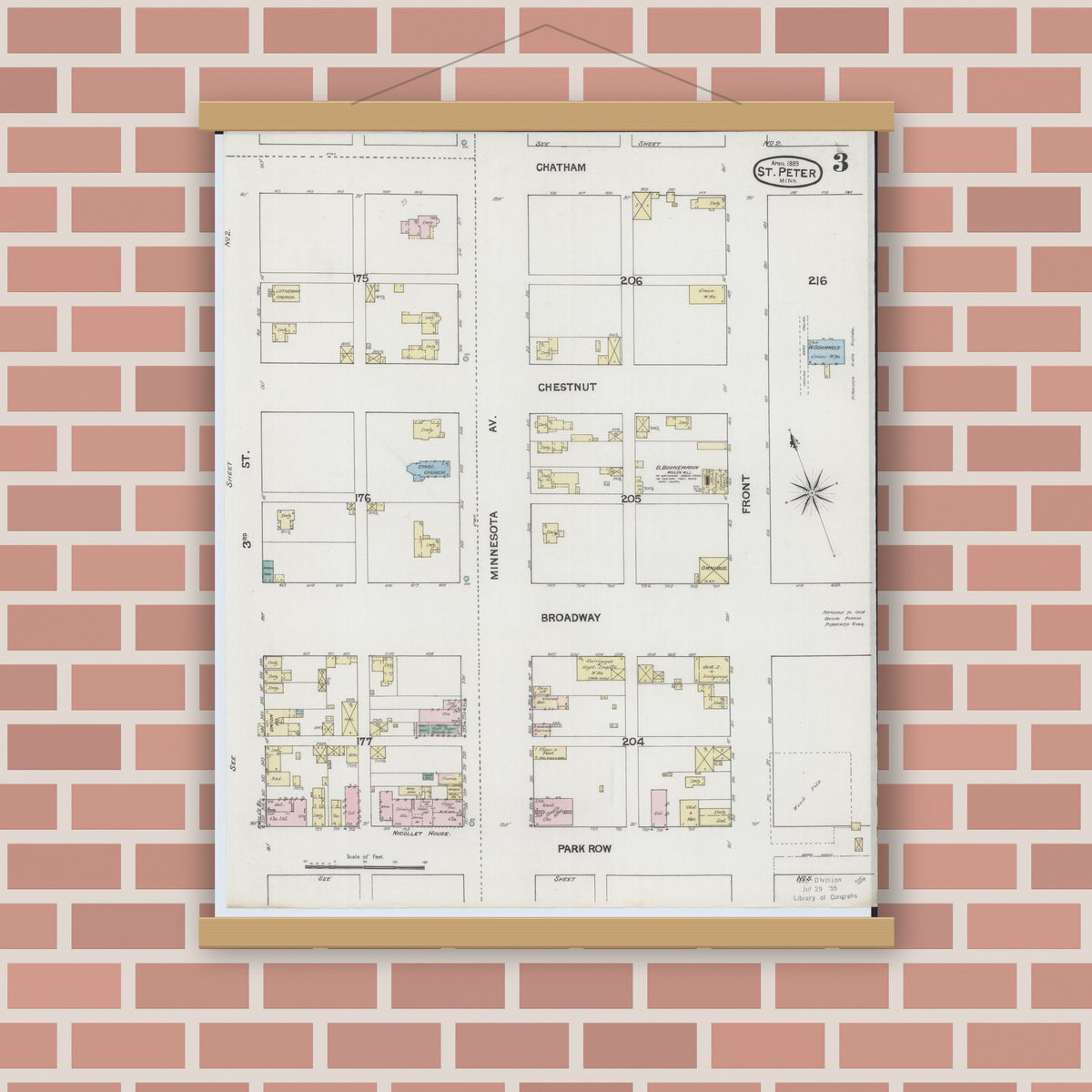 Old map wall art mockup — magnetic wood frame on brick wall — Sanborn Fire Insurance Map from Saint Peter, Nicollet County, Minnesota (1889), Sheet #0003