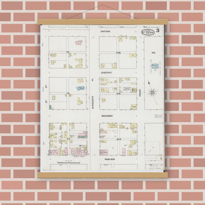 Old map wall art mockup — magnetic wood frame on brick wall — Sanborn Fire Insurance Map from Saint Peter, Nicollet County, Minnesota (1889), Sheet #0003