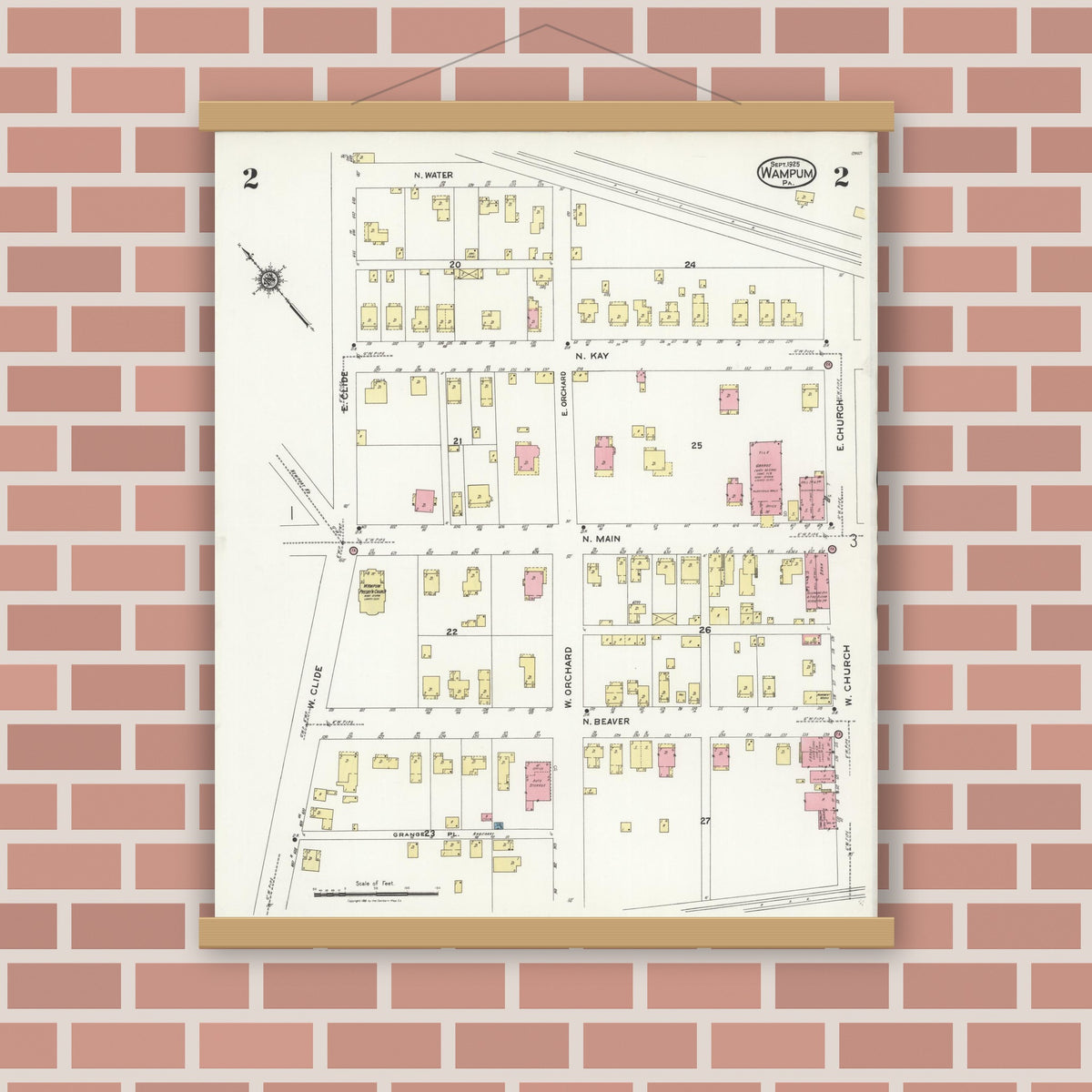 Old map wall art mockup — magnetic wood frame on brick wall — Sanborn Fire Insurance Map from Wampum, Lawrence County, Pennsylvania (1925), Sheet #0002