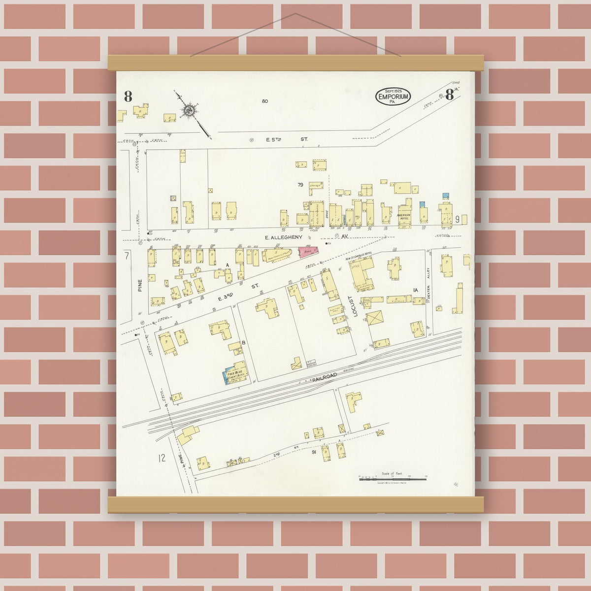 Old map wall art mockup — magnetic wood frame on brick wall — Sanborn Fire Insurance Map from Emporium, Cameron County, Pennsylvania (1925), Sheet #0008