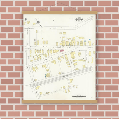 Old map wall art mockup — magnetic wood frame on brick wall — Sanborn Fire Insurance Map from Emporium, Cameron County, Pennsylvania (1925), Sheet #0008