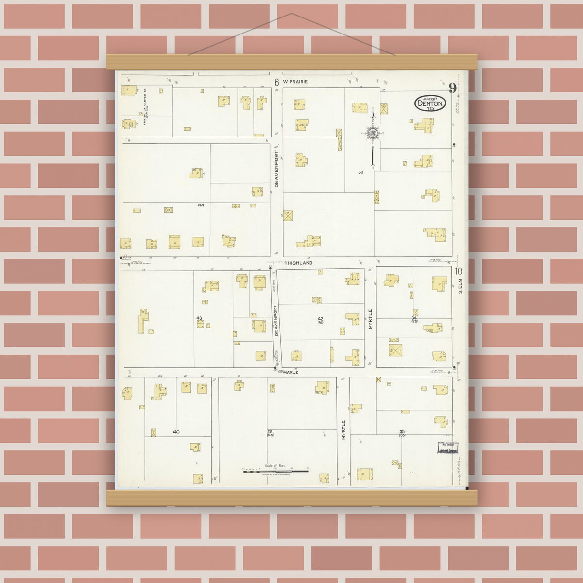 Old map wall art mockup — magnetic wood frame on brick wall — Sanborn Fire Insurance Map from Denton, Denton County, Texas (1917), Sheet #0009