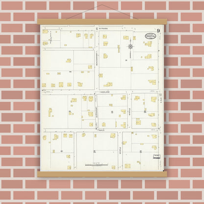 Old map wall art mockup — magnetic wood frame on brick wall — Sanborn Fire Insurance Map from Denton, Denton County, Texas (1917), Sheet #0009