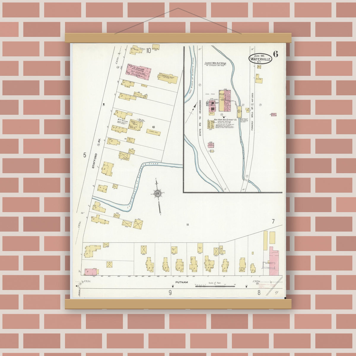 Old map wall art mockup — magnetic wood frame on brick wall — Sanborn Fire Insurance Map from Waterville, Oneida County, New York (1912), Sheet #0006