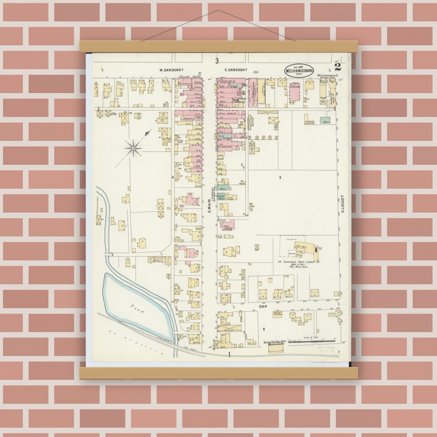 Old map wall art mockup — magnetic wood frame on brick wall — Sanborn Fire Insurance Map from Mechanicsburg, Champaign County, Ohio (1897), Sheet #0002