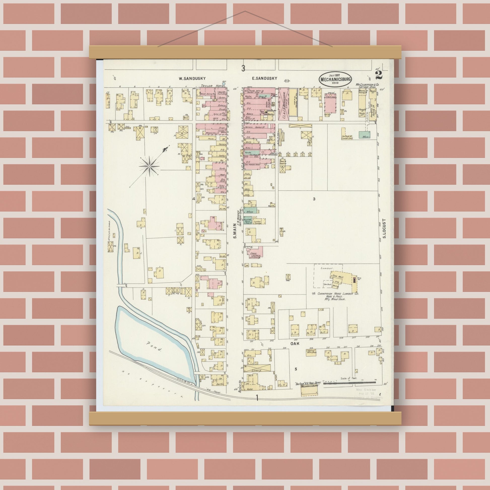 Old map wall art mockup — magnetic wood frame on brick wall — Sanborn Fire Insurance Map from Mechanicsburg, Champaign County, Ohio (1897), Sheet #0002