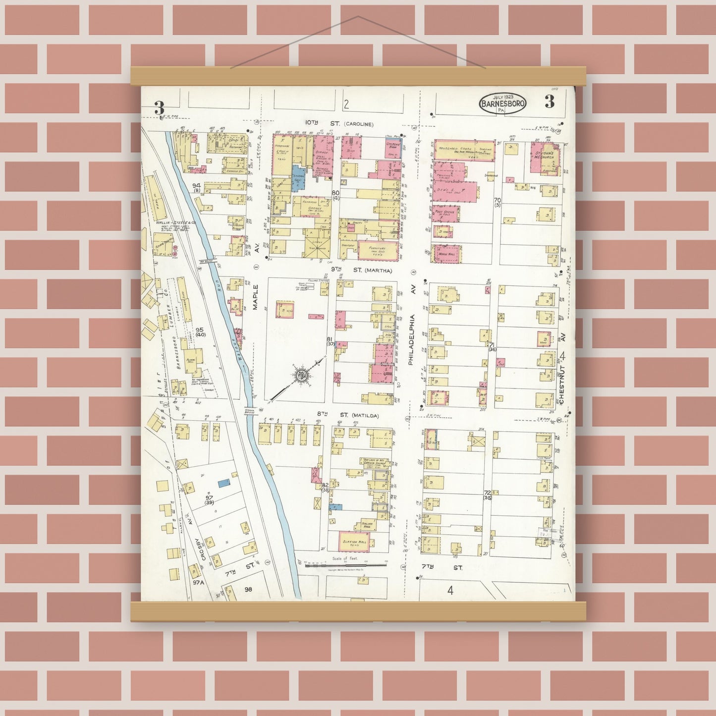 Old map wall art mockup — magnetic wood frame on brick wall — Sanborn Fire Insurance Map from Barnesboro, Cambria County, Pennsylvania (1923), Sheet #0003