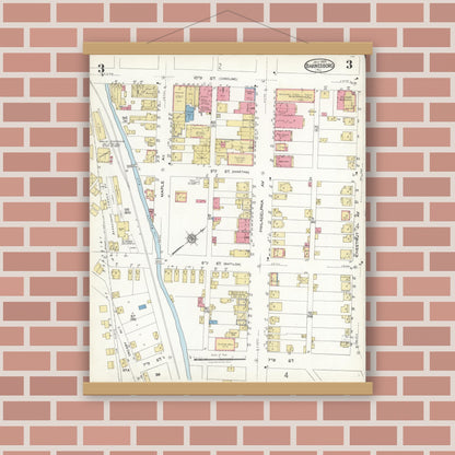 Old map wall art mockup — magnetic wood frame on brick wall — Sanborn Fire Insurance Map from Barnesboro, Cambria County, Pennsylvania (1923), Sheet #0003