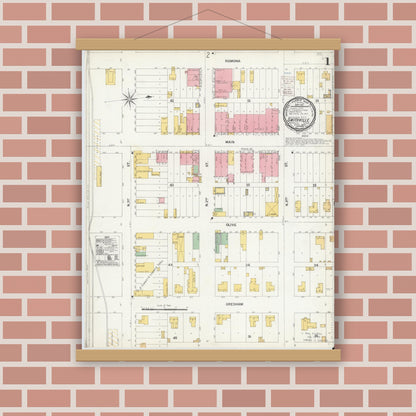 Old map wall art mockup — magnetic wood frame on brick wall — Sanborn Fire Insurance Map from Smithville, Bastrop County, Texas (1900), Sheet #0001