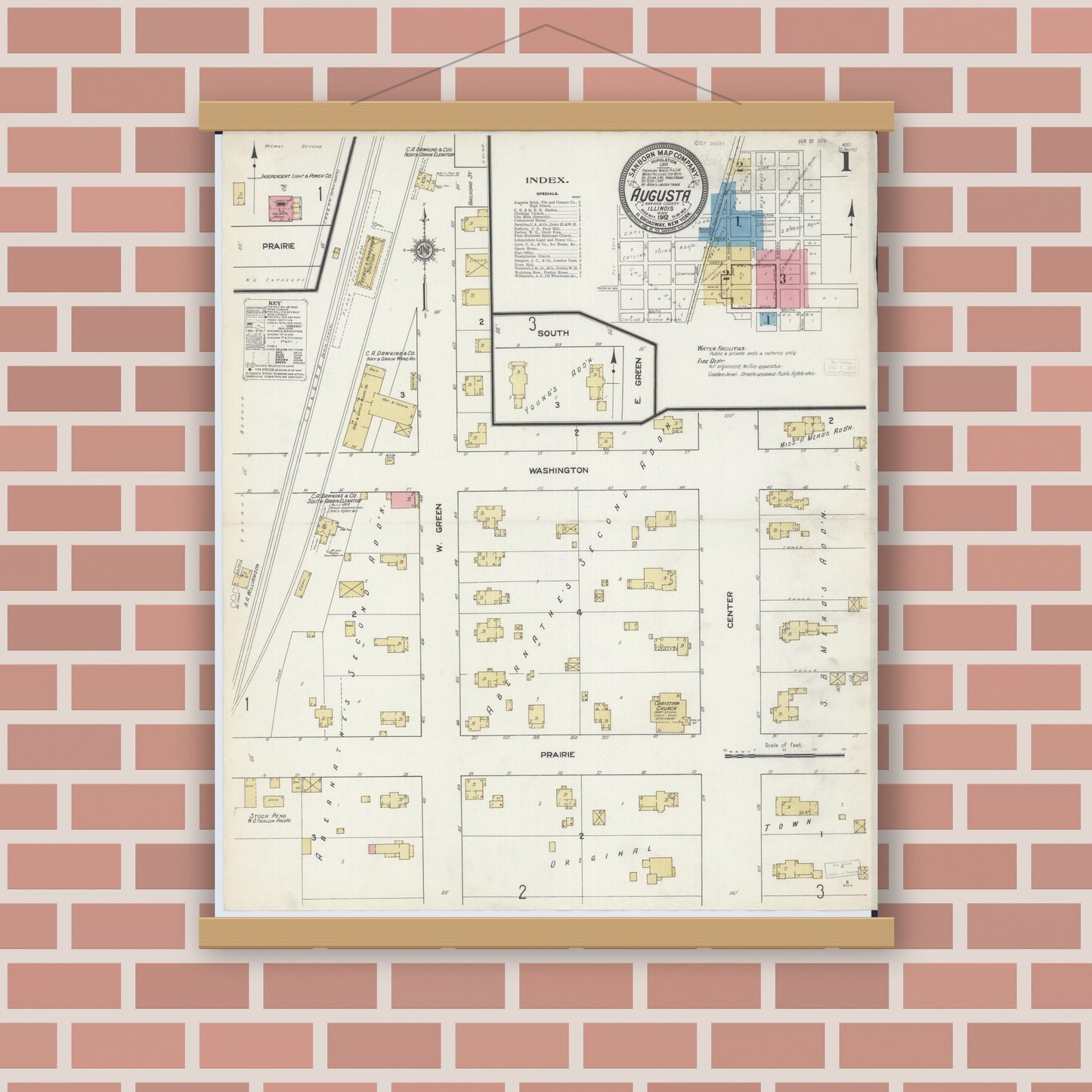 Old map wall art mockup — magnetic wood frame on brick wall — Sanborn Fire Insurance Map from Augusta, Hancock County, Illinois (1912), Sheet #0001