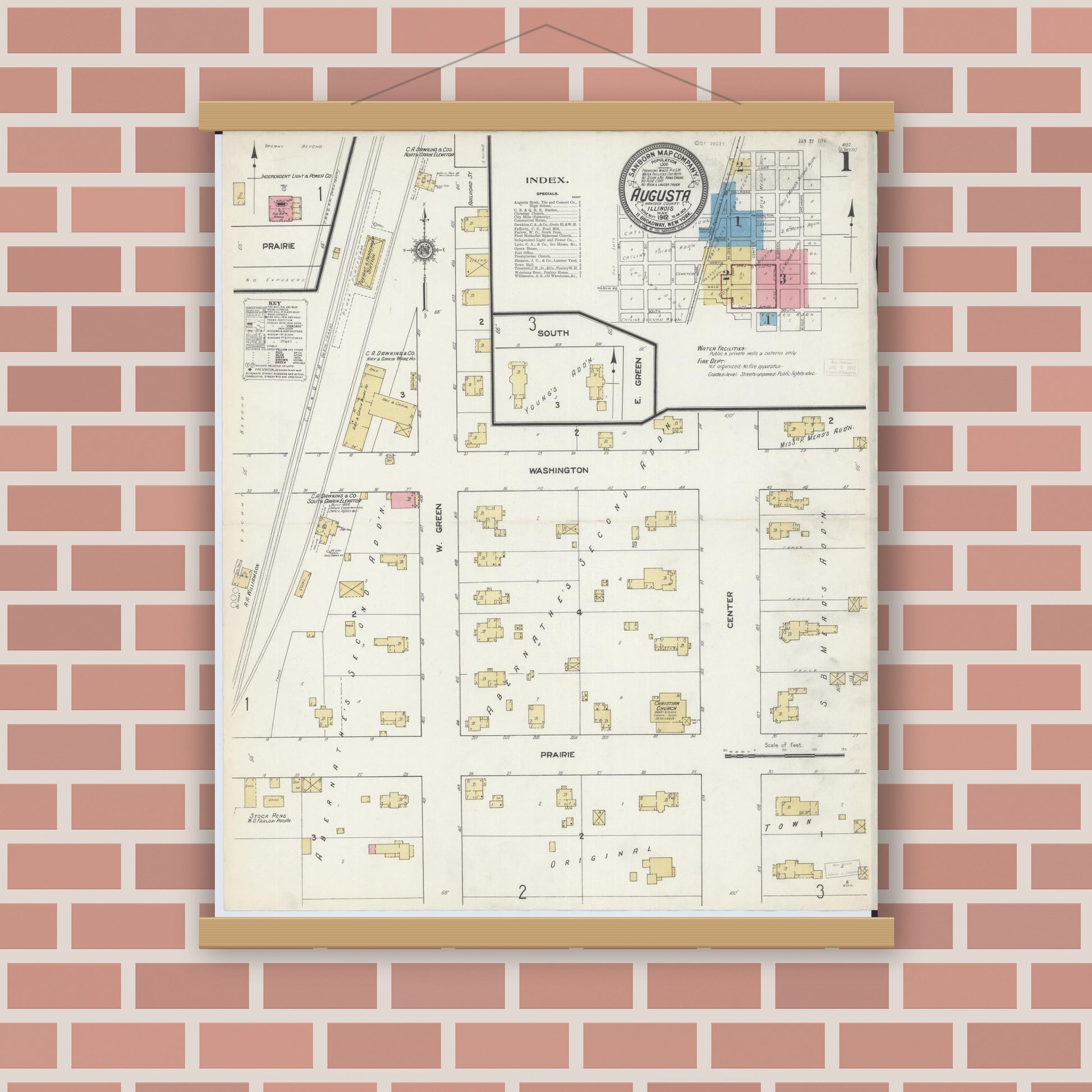 Old map wall art mockup — magnetic wood frame on brick wall — Sanborn Fire Insurance Map from Augusta, Hancock County, Illinois (1912), Sheet #0001