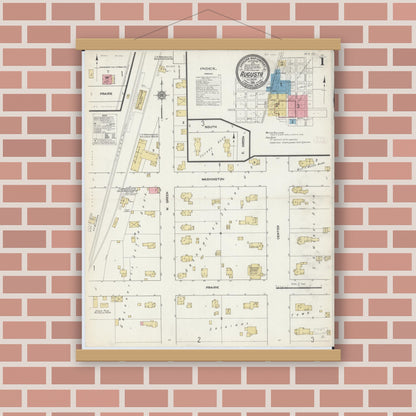 Old map wall art mockup — magnetic wood frame on brick wall — Sanborn Fire Insurance Map from Augusta, Hancock County, Illinois (1912), Sheet #0001