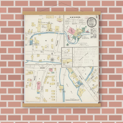 Old map wall art mockup — magnetic wood frame on brick wall — Sanborn Fire Insurance Map from Pulaski, Oswego County, New York (1890) - Complete Map Set