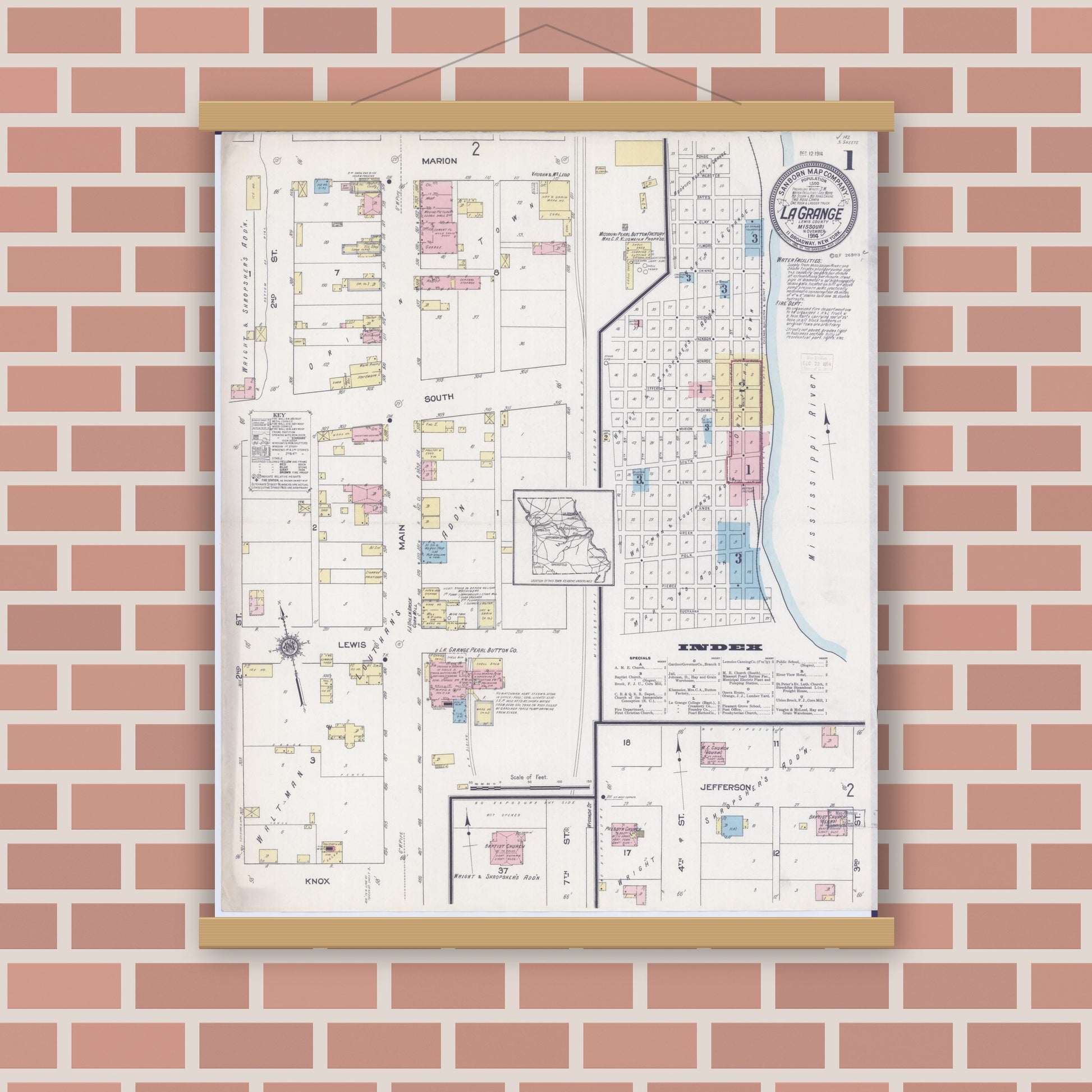 Old map wall art mockup — magnetic wood frame on brick wall — Sanborn Fire Insurance Map from La Grange, Lewis County, Missouri (1914) - Complete Map Set