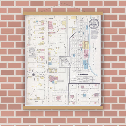 Old map wall art mockup — magnetic wood frame on brick wall — Sanborn Fire Insurance Map from La Grange, Lewis County, Missouri (1914) - Complete Map Set
