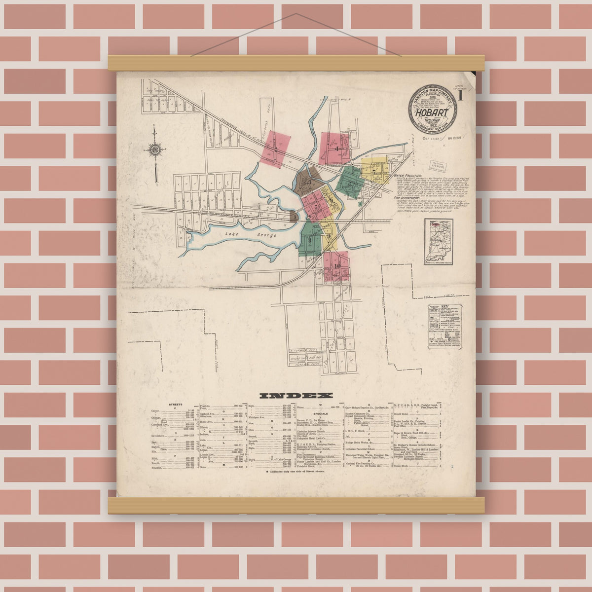Old map wall art mockup — magnetic wood frame on brick wall — Sanborn Fire Insurance Map from Hobart, Lake County, Indiana (1922) - Complete Map Set