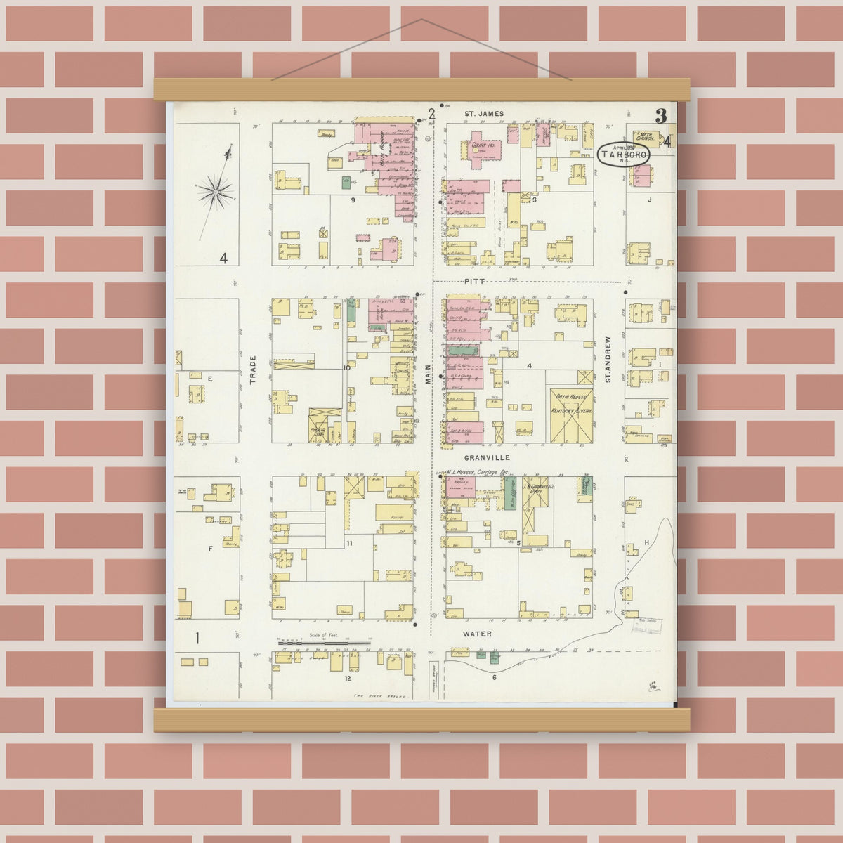 Old map wall art mockup — magnetic wood frame on brick wall — Sanborn Fire Insurance Map from Tarboro, Edgecombe County, North Carolina (1896), Sheet #0003