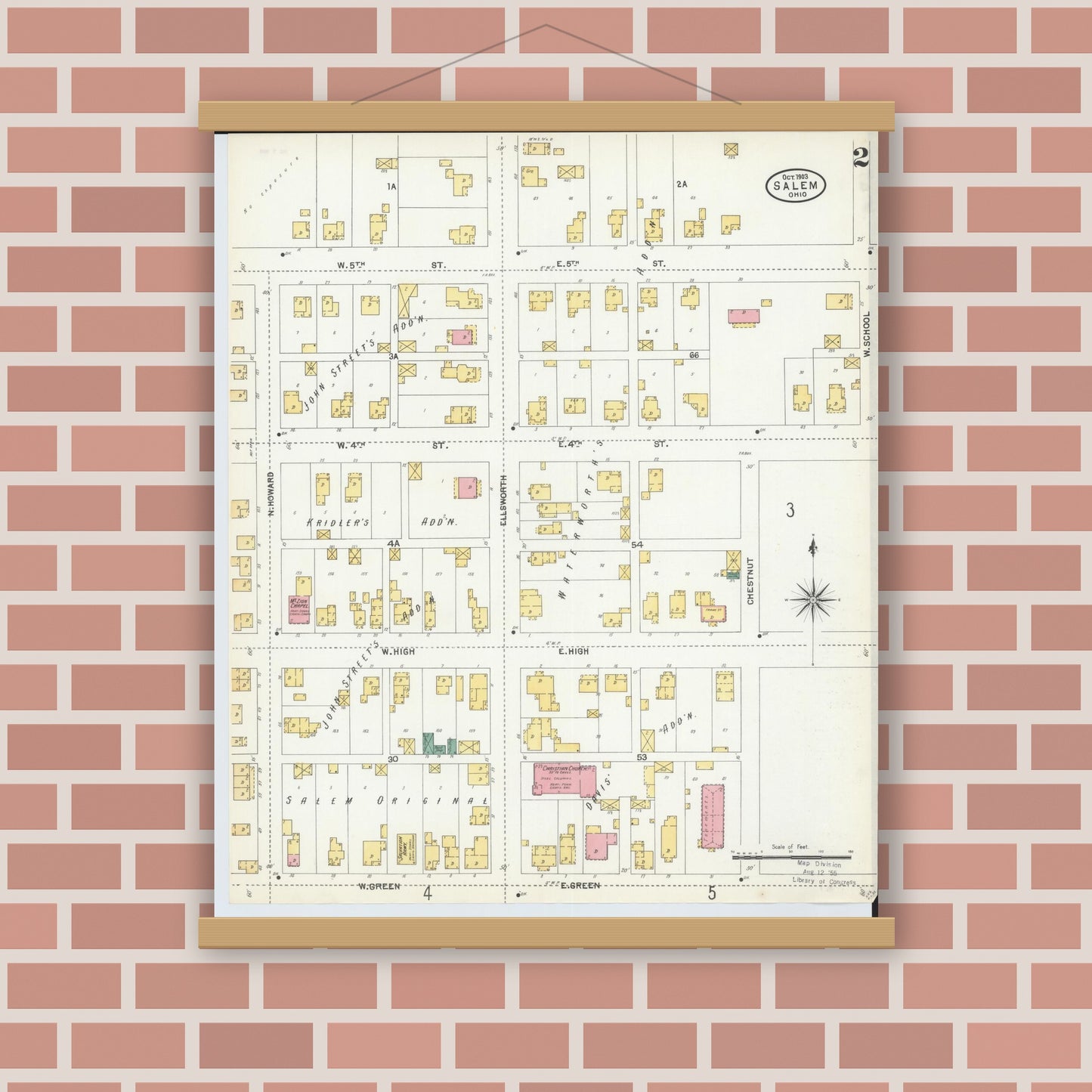 Old map wall art mockup — magnetic wood frame on brick wall — Sanborn Fire Insurance Map from Salem, Columbiana County, Ohio (1903), Sheet #0002