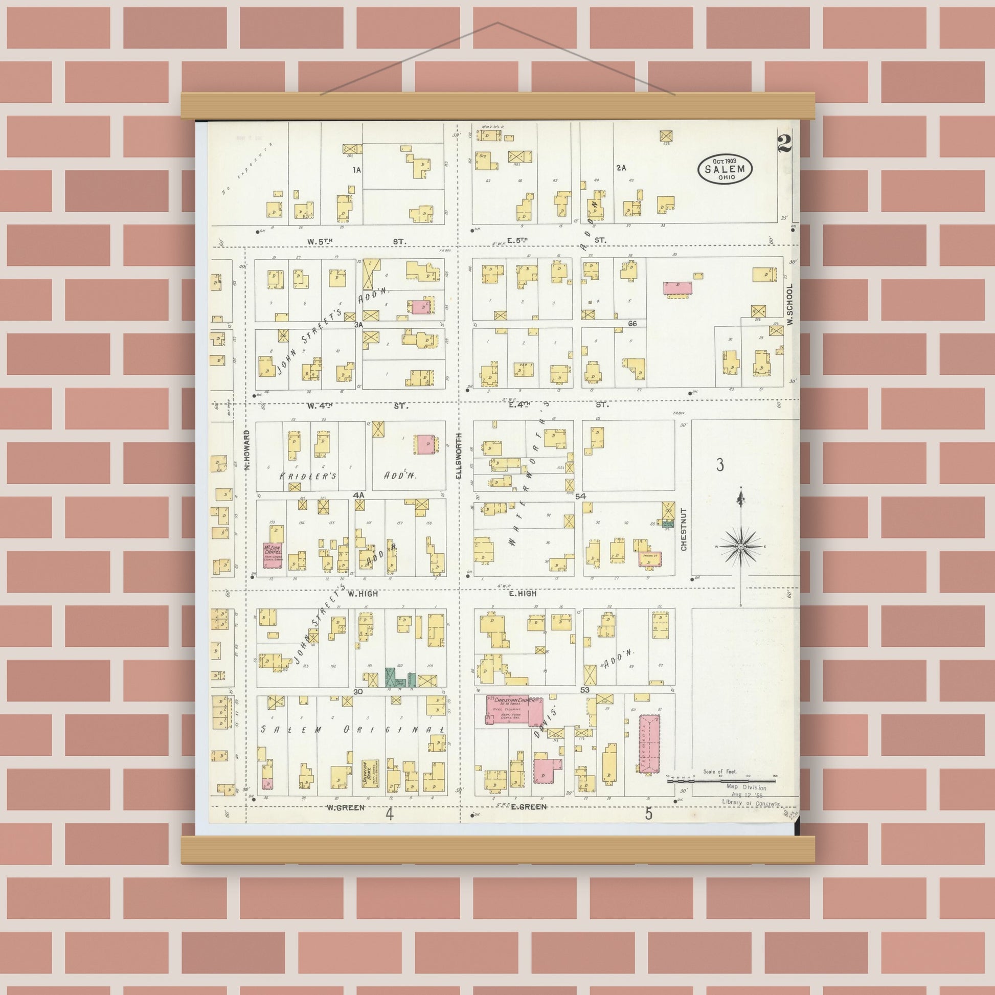 Old map wall art mockup — magnetic wood frame on brick wall — Sanborn Fire Insurance Map from Salem, Columbiana County, Ohio (1903), Sheet #0002
