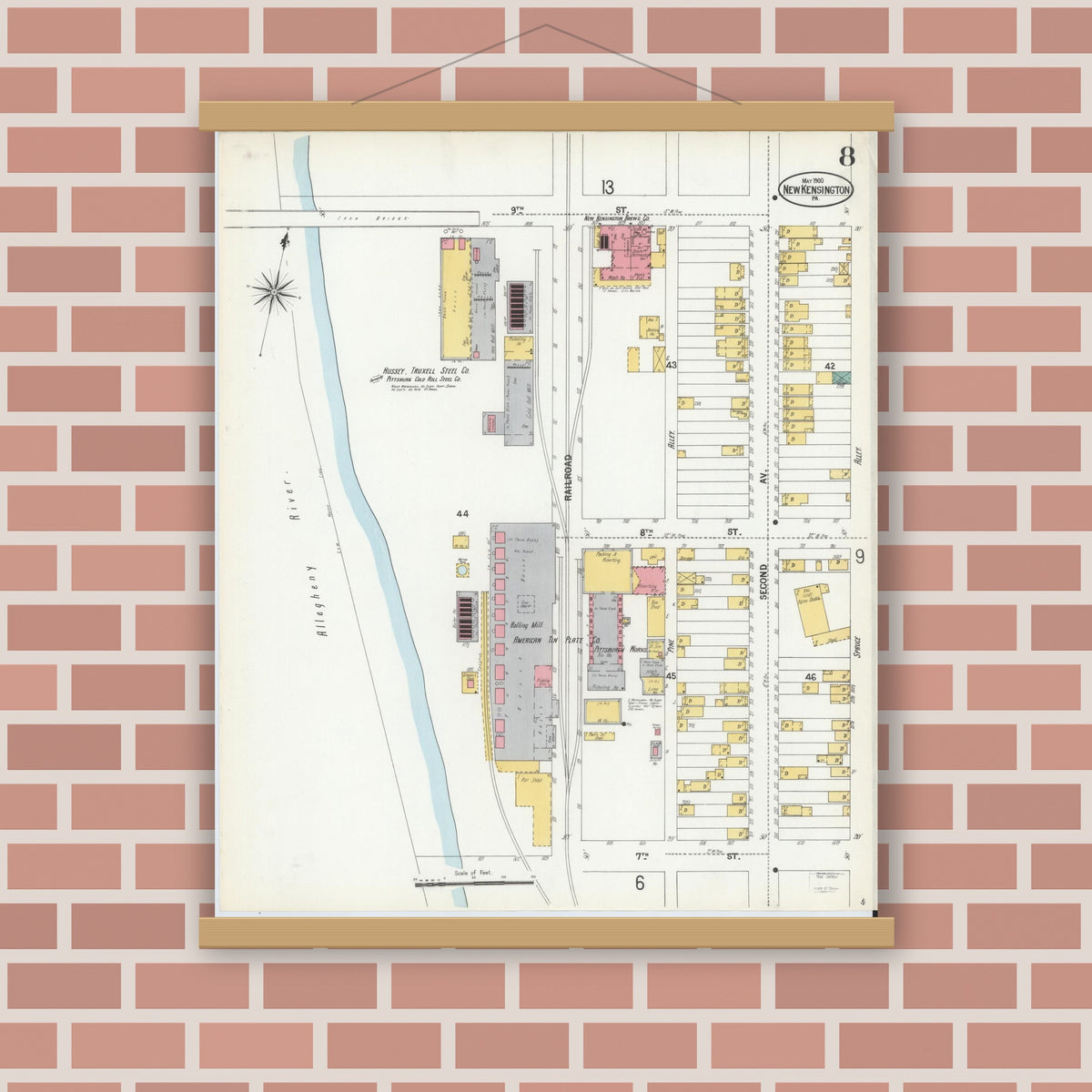 Old map wall art mockup — magnetic wood frame on brick wall — Sanborn Fire Insurance Map from New Kensington, Westmoreland County, Pennsylvania (1900), Sheet #0008