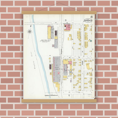 Old map wall art mockup — magnetic wood frame on brick wall — Sanborn Fire Insurance Map from New Kensington, Westmoreland County, Pennsylvania (1900), Sheet #0008