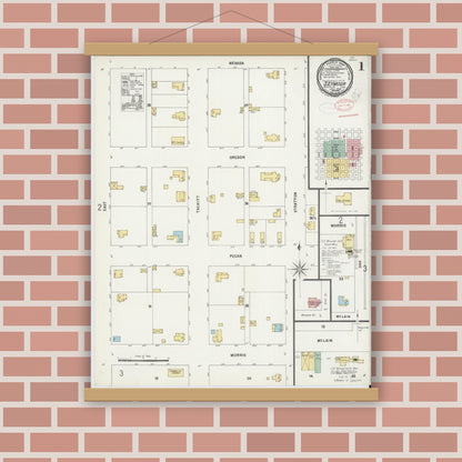 Old map wall art mockup — magnetic wood frame on brick wall — Sanborn Fire Insurance Map from Seymour, Baylor County, Texas (1898), Sheet #0001