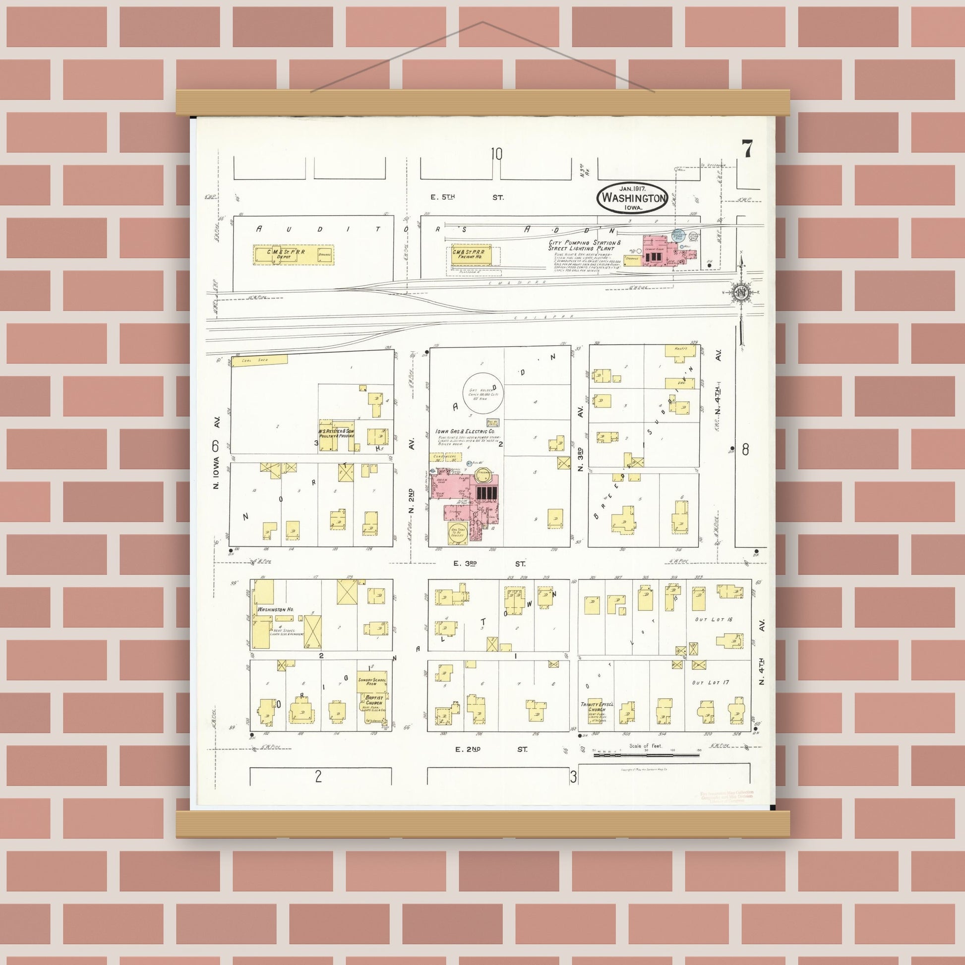 Old map wall art mockup — magnetic wood frame on brick wall — Sanborn Fire Insurance Map from Washington, Washington County, Iowa (1917), Sheet #0007