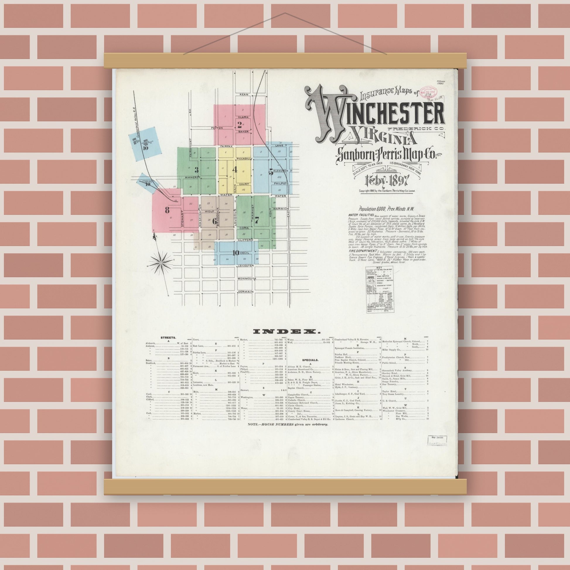 Old map wall art mockup — magnetic wood frame on brick wall — Sanborn Fire Insurance Map from Winchester, Independent Cities, Virginia (1897) - Complete Map Set
