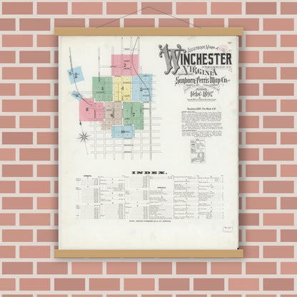 Old map wall art mockup — magnetic wood frame on brick wall — Sanborn Fire Insurance Map from Winchester, Independent Cities, Virginia (1897) - Complete Map Set