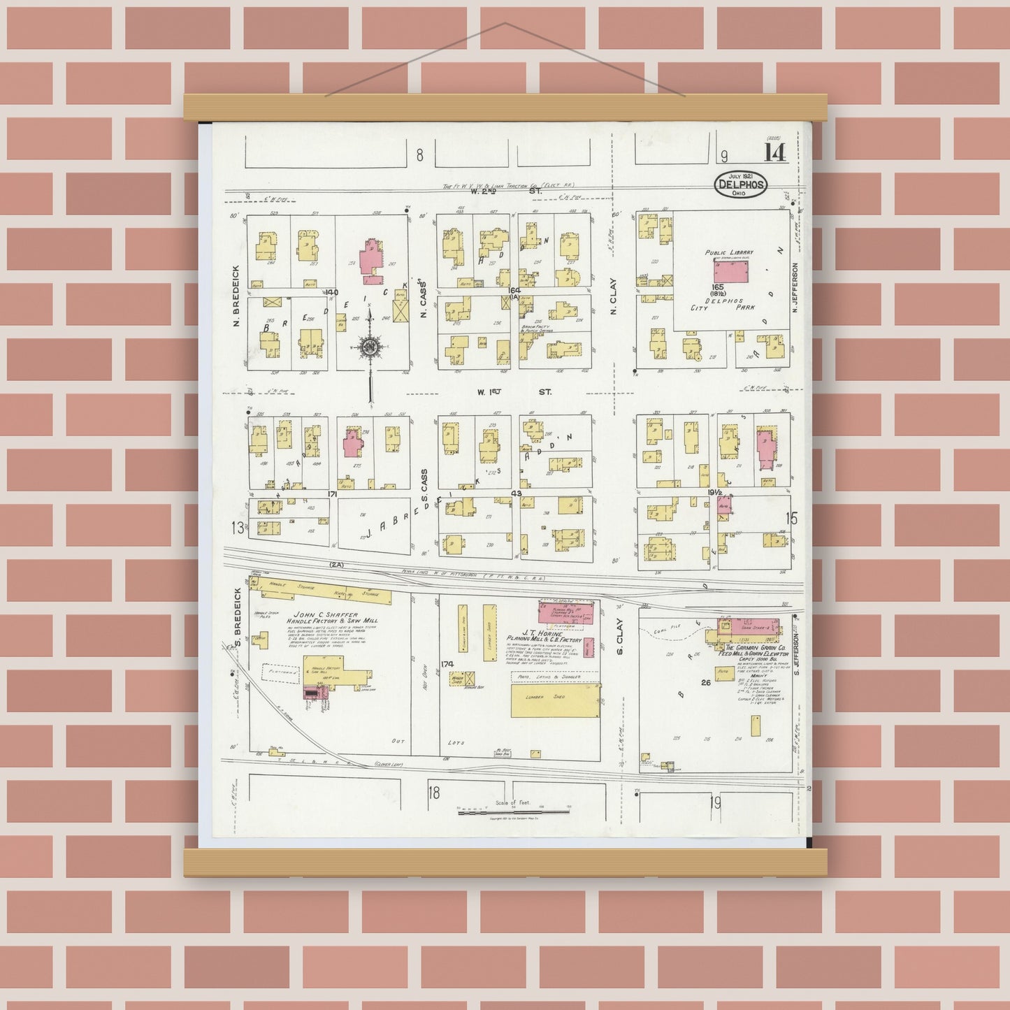 Old map wall art mockup — magnetic wood frame on brick wall — Sanborn Fire Insurance Map from Delphos, Van Wert And Allen Counties, Ohio (1921), Sheet #0014