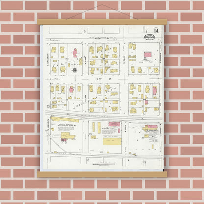Old map wall art mockup — magnetic wood frame on brick wall — Sanborn Fire Insurance Map from Delphos, Van Wert And Allen Counties, Ohio (1921), Sheet #0014