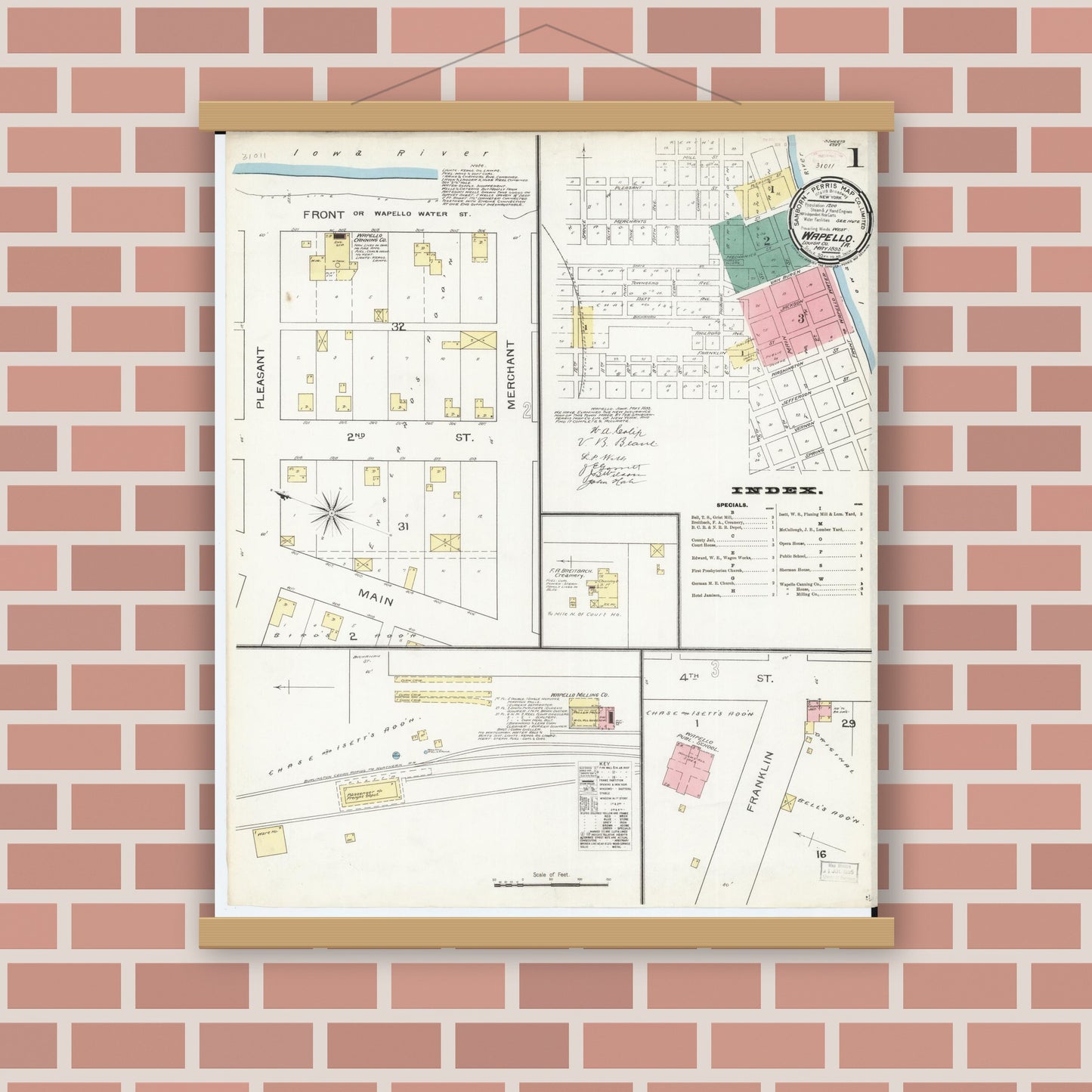 Old map wall art mockup — magnetic wood frame on brick wall — Sanborn Fire Insurance Map from Wapello, Louisa County, Iowa (1893) â€” Complete Set