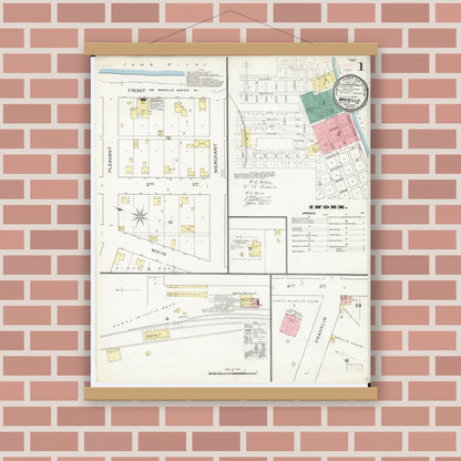 Old map wall art mockup — magnetic wood frame on brick wall — Sanborn Fire Insurance Map from Wapello, Louisa County, Iowa (1893) â€” Complete Set