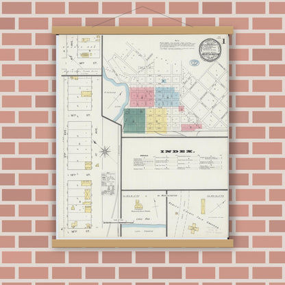 Old map wall art mockup — magnetic wood frame on brick wall — Sanborn Fire Insurance Map from Worthington, Nobles County, Minnesota (1894), Sheet #0001