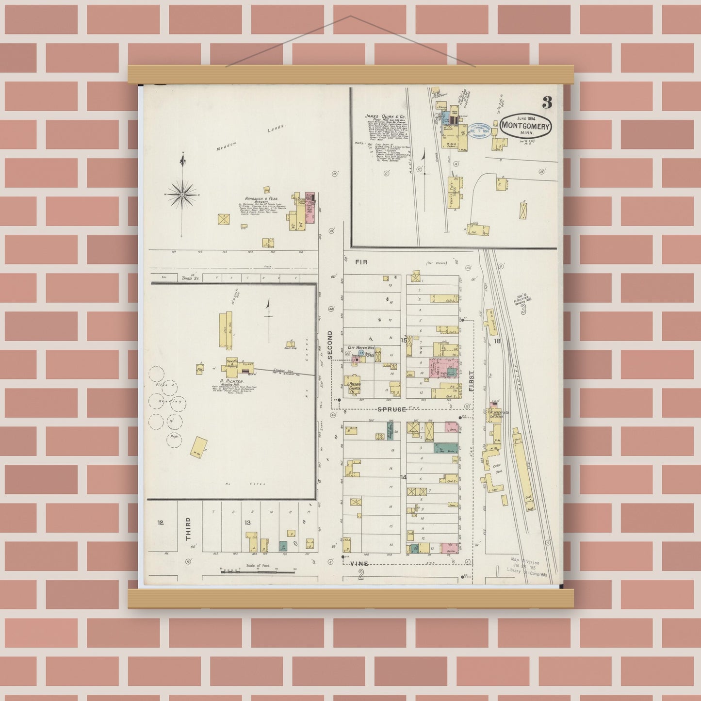 Old map wall art mockup — magnetic wood frame on brick wall — Sanborn Fire Insurance Map from Montgomery, Le Sueur  County, Minnesota (1894), Sheet #0003